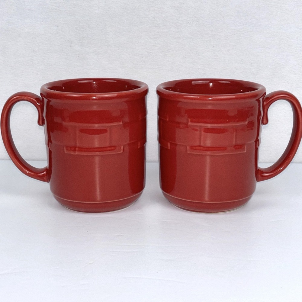 Longaberger Pottery Woven Traditions Paprika Red Coffee Mugs Set Of 2 USA Pair